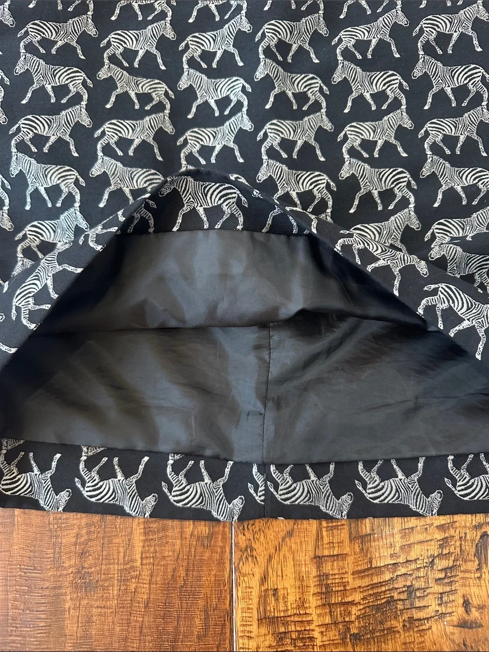 J. Crew Black Mini Skirt w/ Silver Zebra Print and Black Blouse w/ Lace Detail
